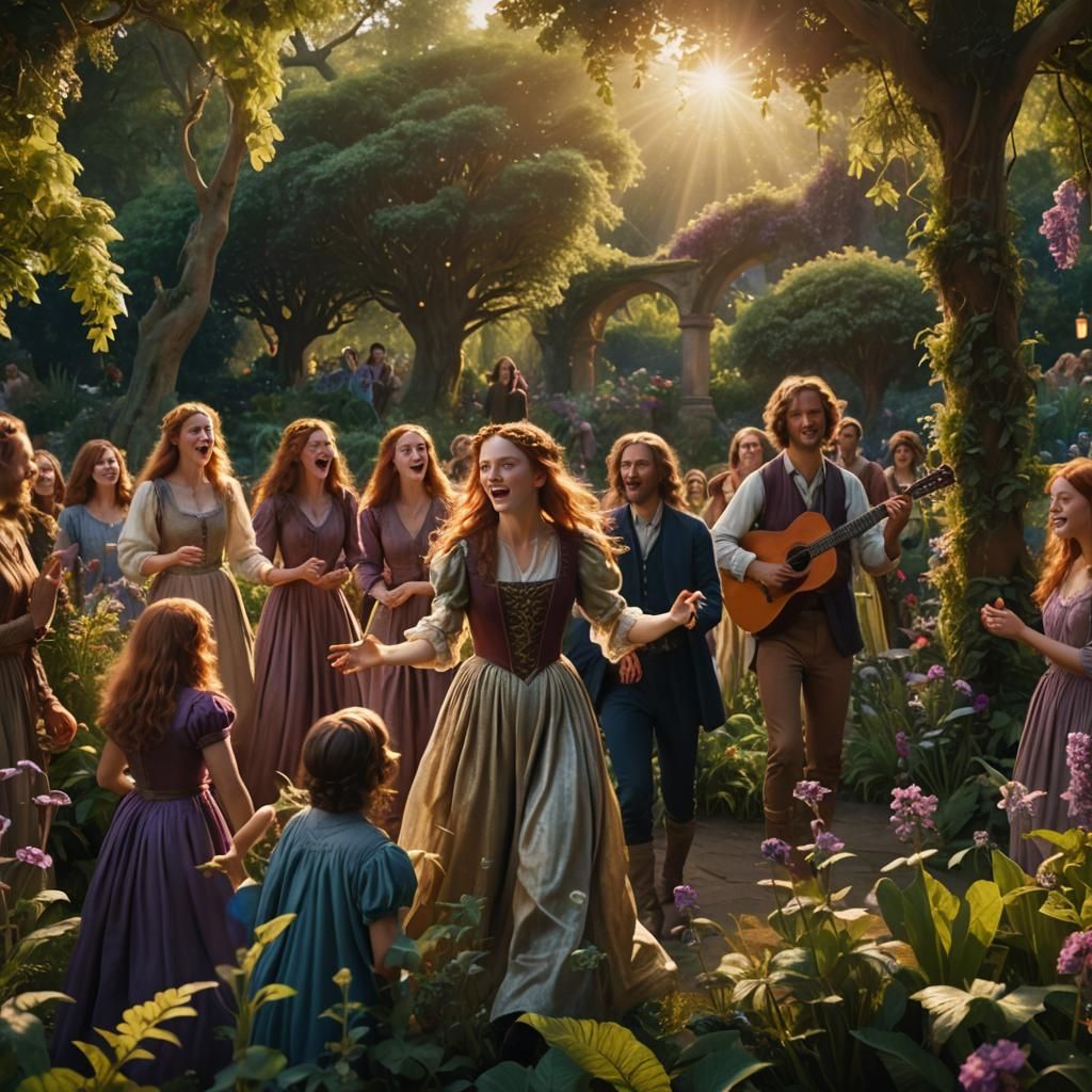 Pre-Raphaelite Garden Scene in Golden Light
