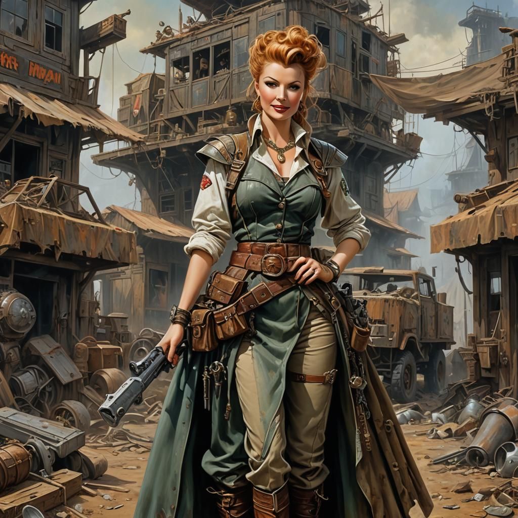 Post-Apocalyptic Merchant Woman in Acrylic Painting Style