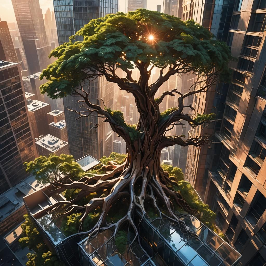 Tree Roots Enveloping Skyscraper in Digital Art
