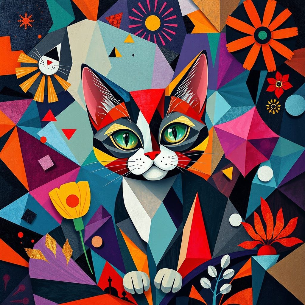 Futuristic Feline in Vibrant Cubist Landscape