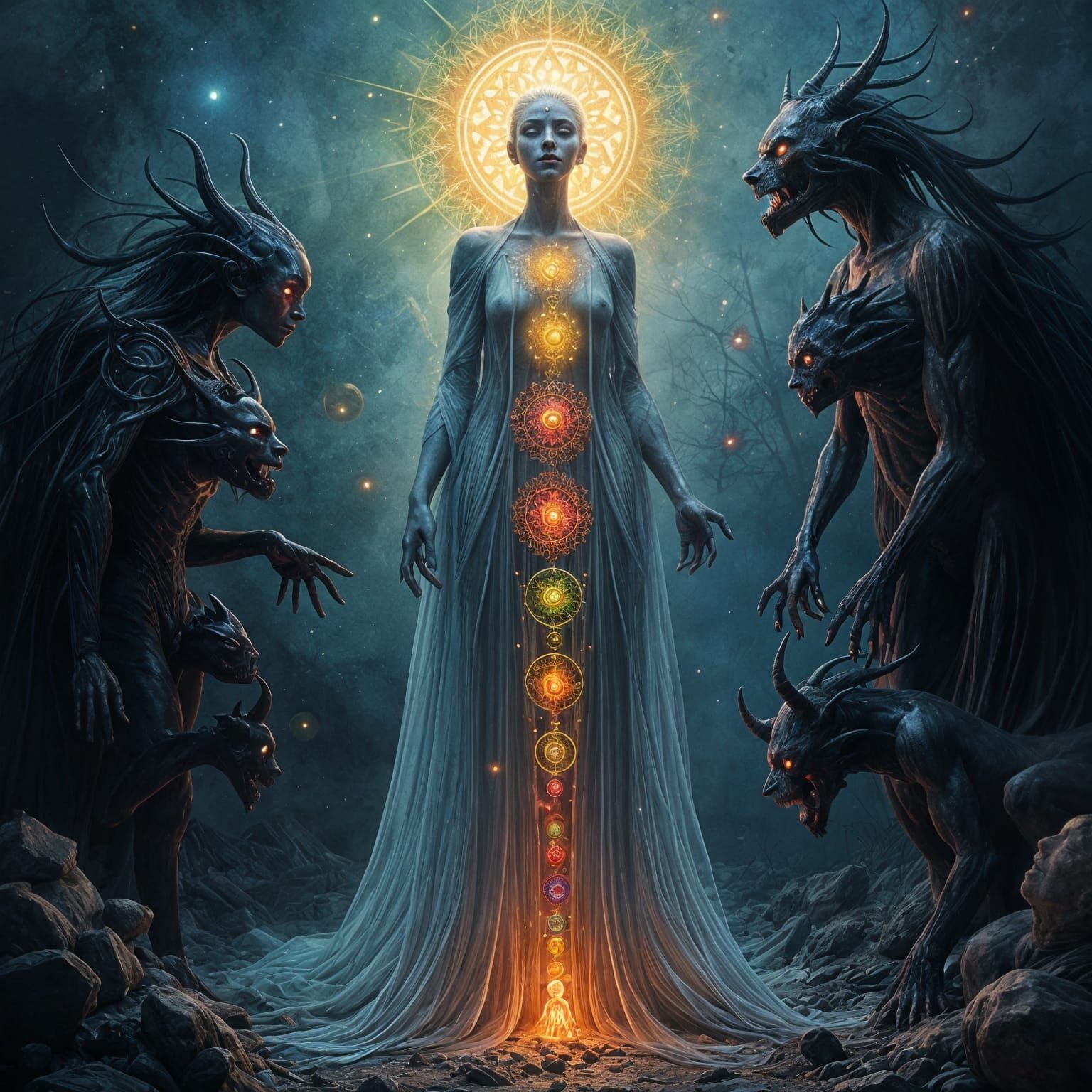 Ethereal Liquid Human Amidst Dark Demon Horde