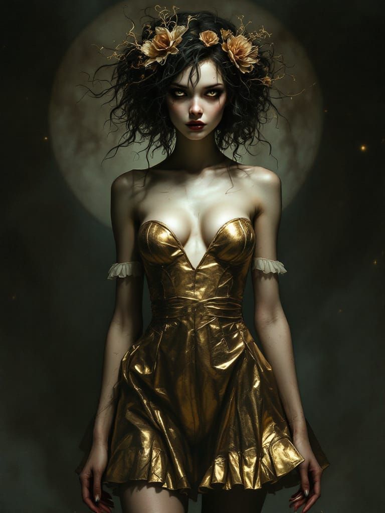 Gothic Pin-Up Woman in Gold Sundress