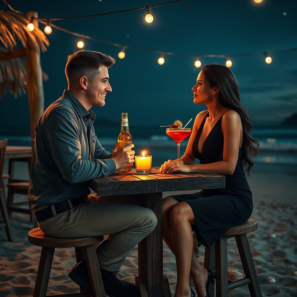 Rustic Beachside Bar Nighttime Scene of Friendship