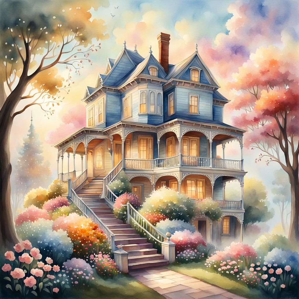 Watercolor House with Lit Windows and Colorful Sky