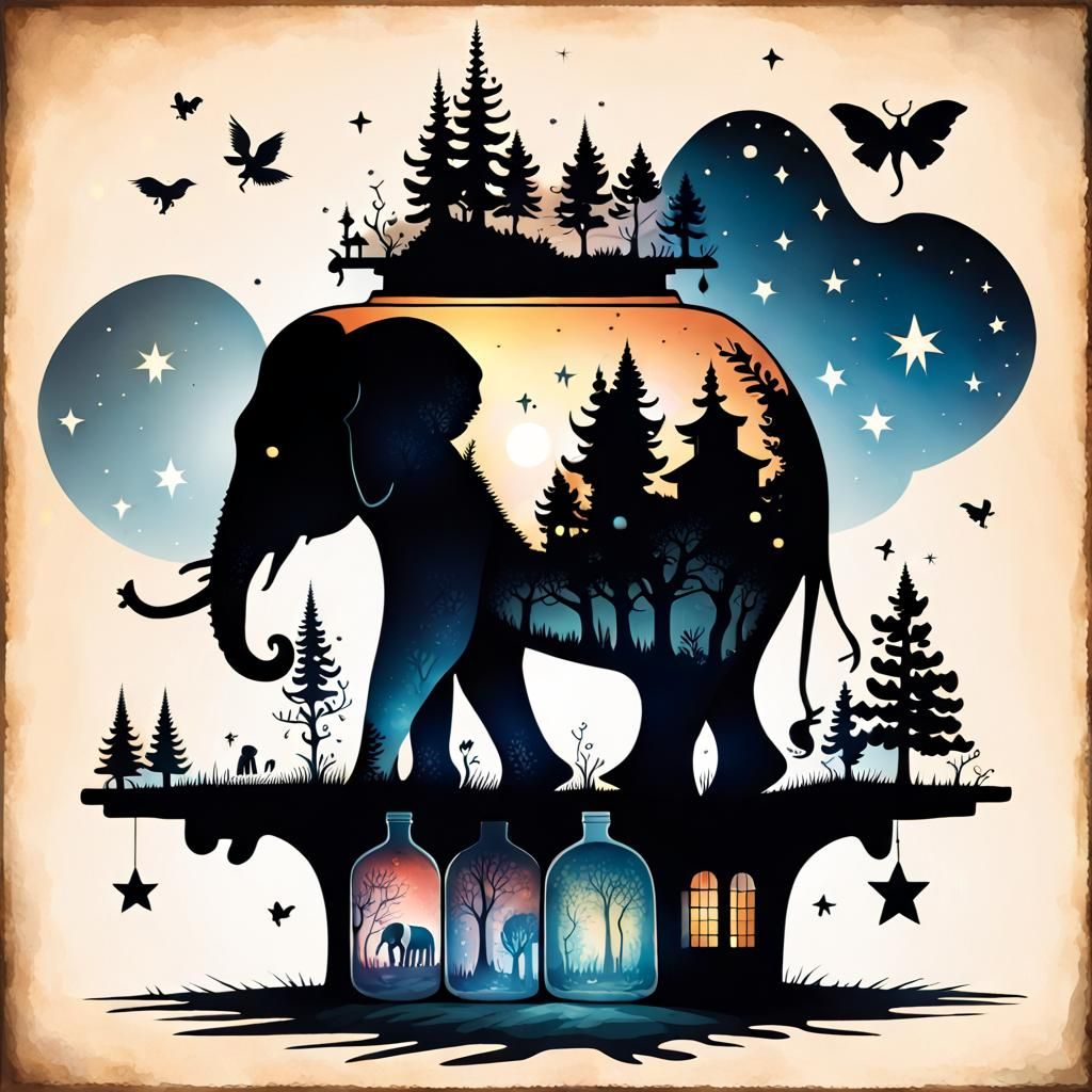 Elephant Jumps House in Dreamlike Silhouette