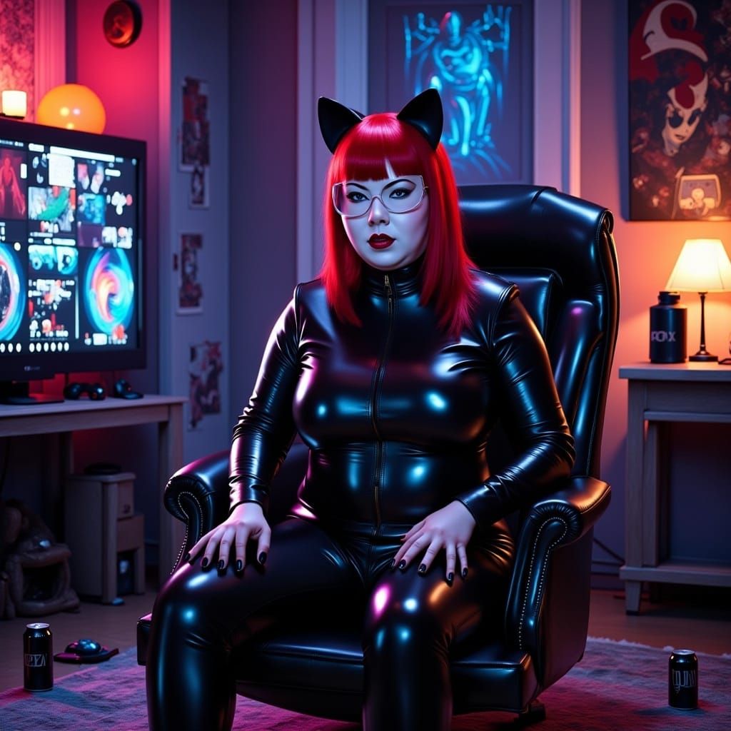 Red-Haired Gamer Immersed in Cyberpunk Video Game