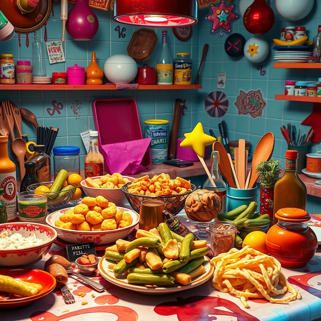 Neon Food Mashup in Vibrant Futuristic Kitchen