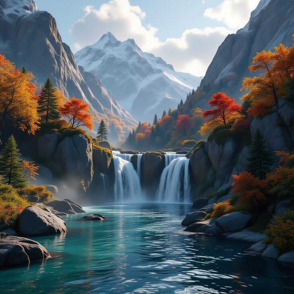 a waterfall in the mountains during autumn 123