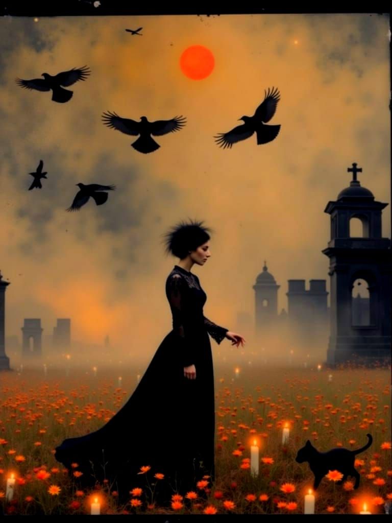 Dia de Los Muertos Woman in Flowing Black Dress and Black Ca...