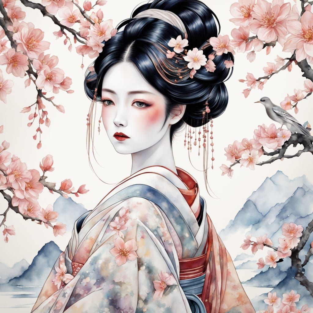 Elegant Geisha in Watercolor, Adorned with Cherry Blossoms