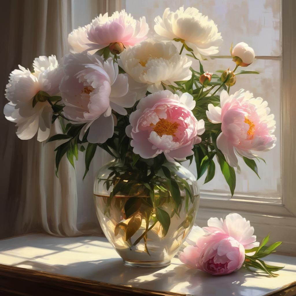 Peonies in Vase: Hyper-Realistic Digital Painting