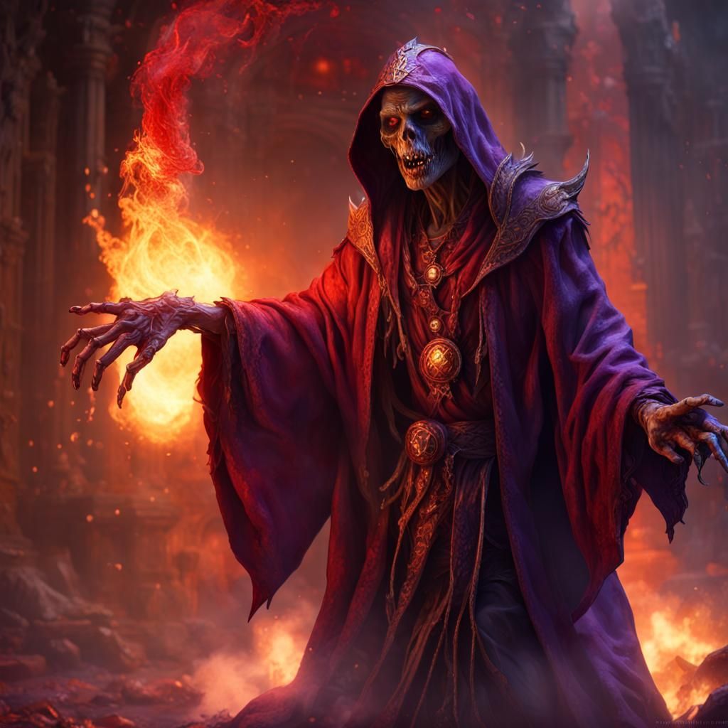 Undead Lich King Casting Fire, Dark Fantasy Art