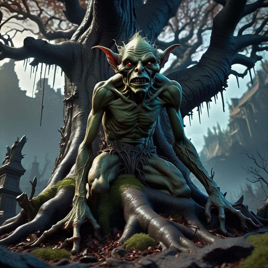 Sinister Tree Goblin in Dark Fantasy Style