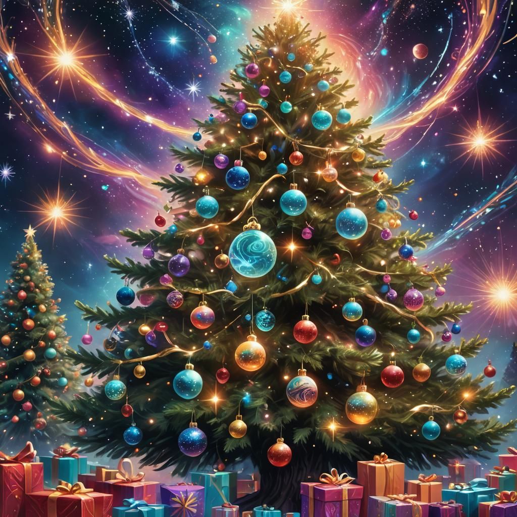 Cosmic Christmas Tree with Glowing Ornaments