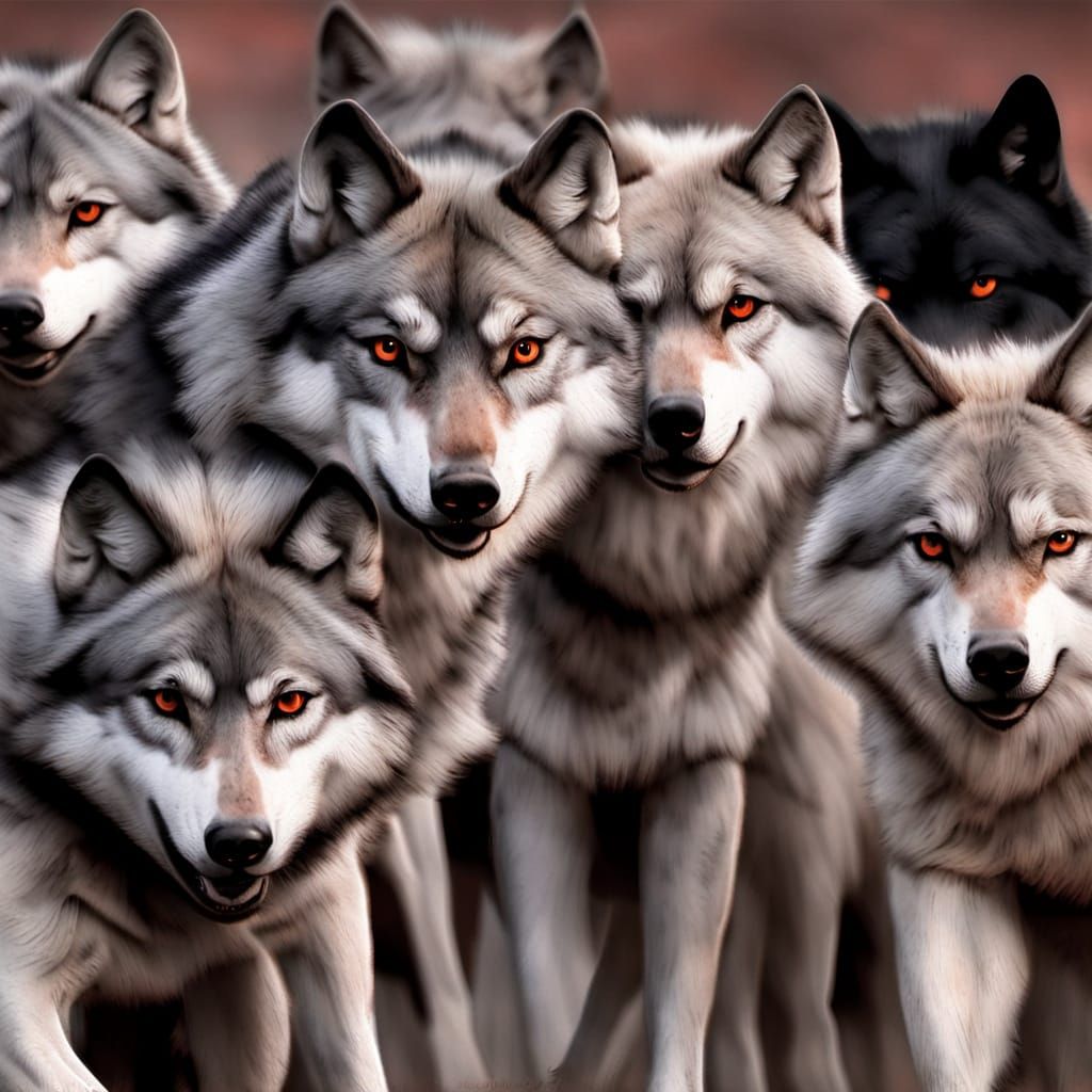 Determined Pack of Wolves With Red Eyes Emerging From Darkne...