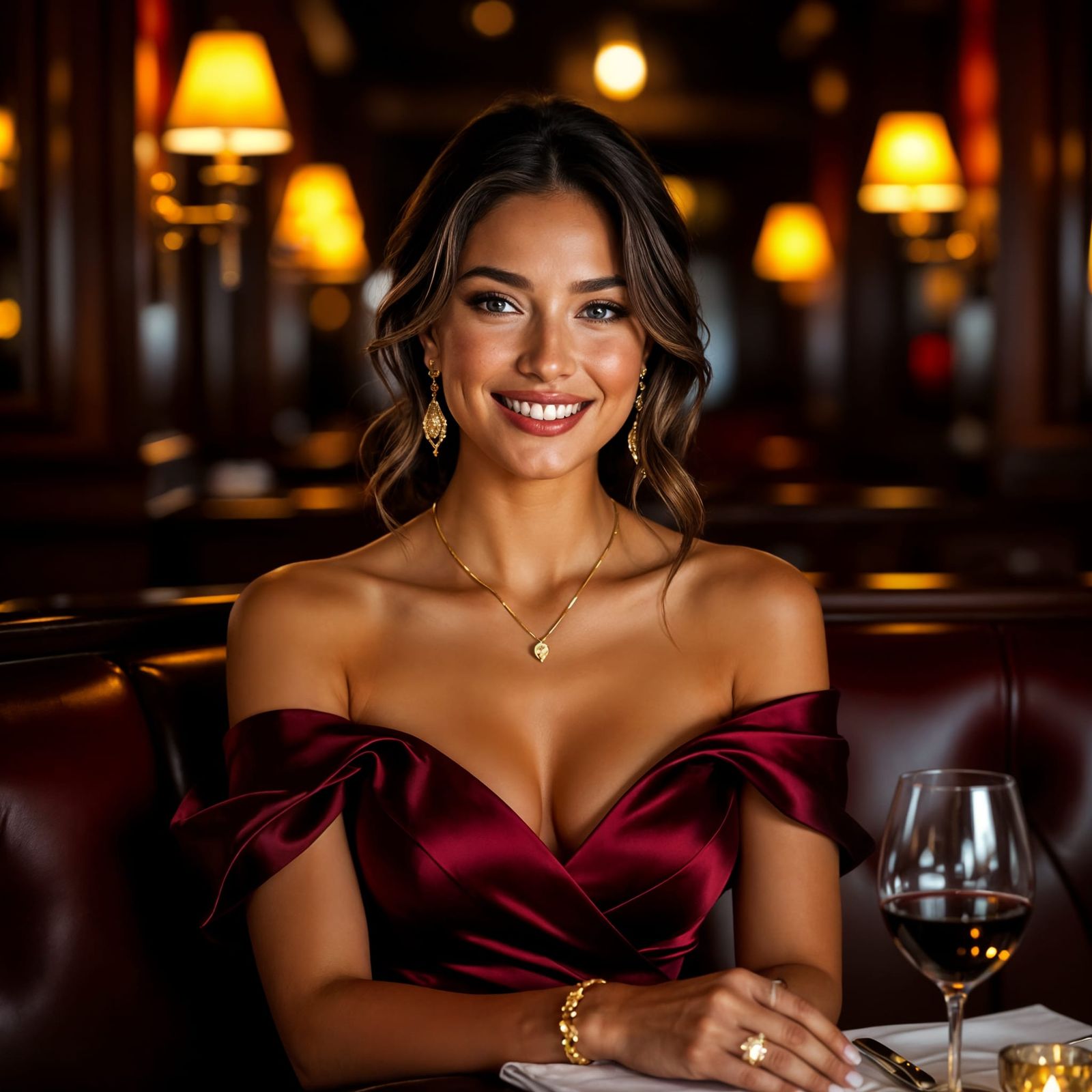 Radiant Woman in Burgundy Silk Dress on Date Night