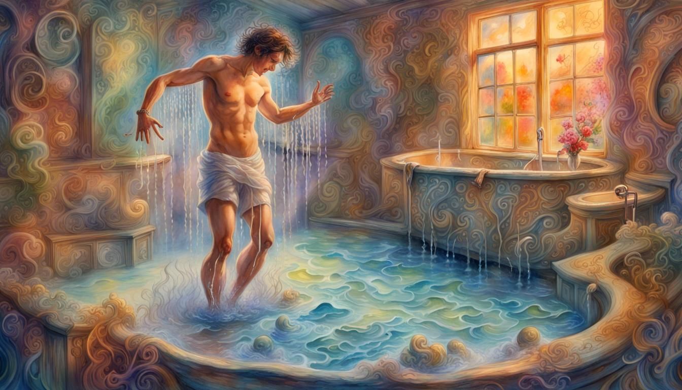 Man Singing in Shower with Neon Notes, Watercolor