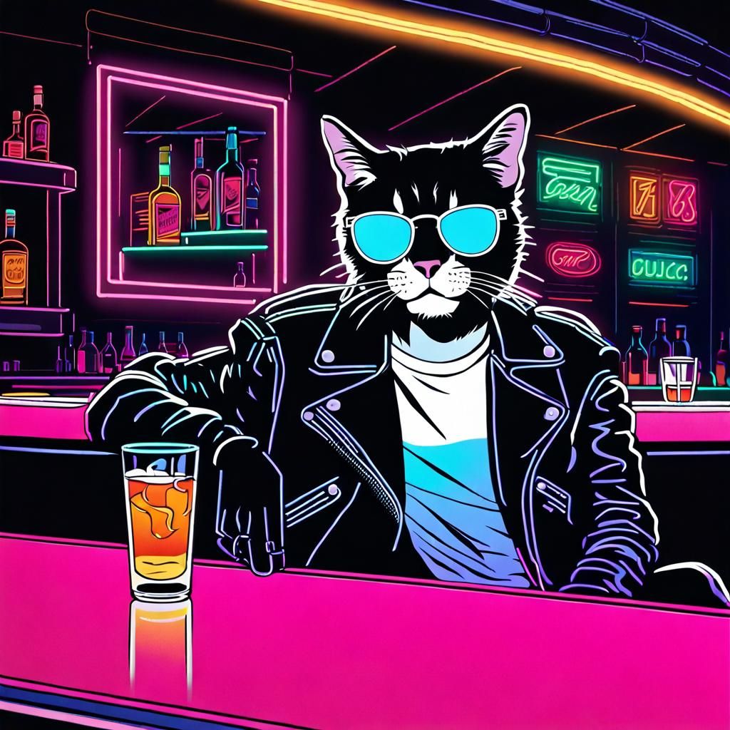 Neon Cat at Bar in 80s Retro Style