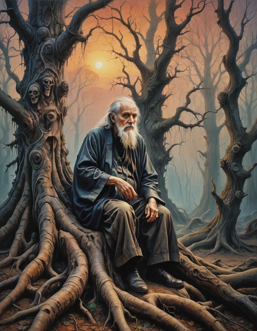 Wise Man in Mystical Forest: Surrealist Oil Painting