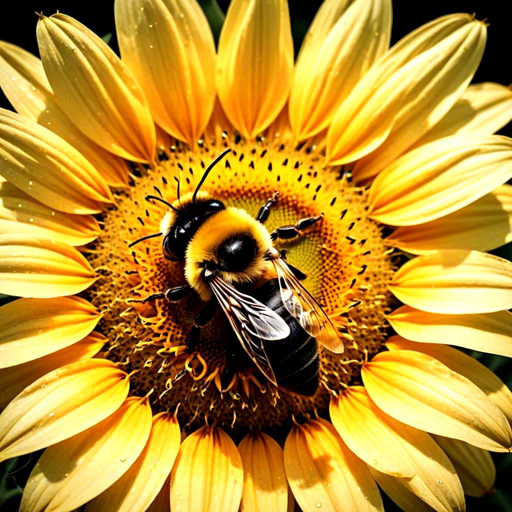 Bumble Bee in Sunflower: Hyperrealistic Close-Up
