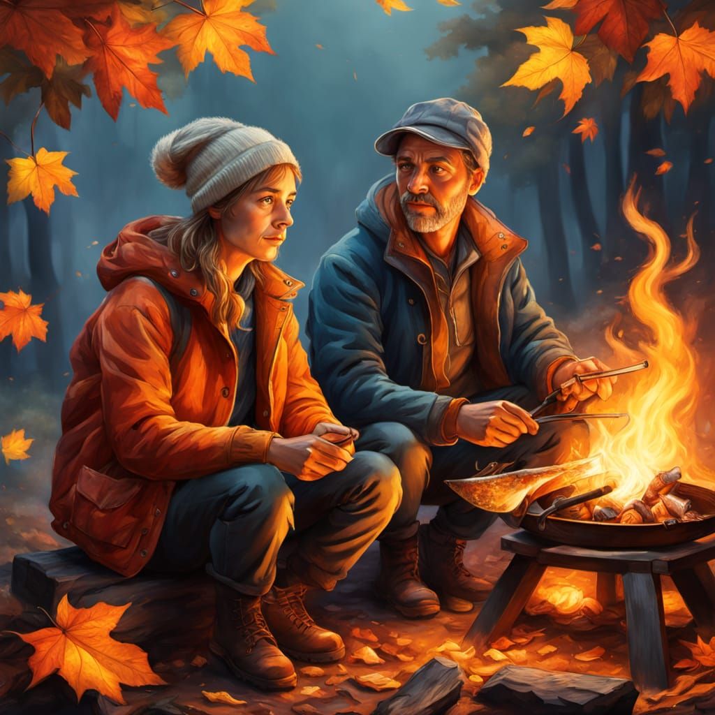 Cozy Autumn Night: Tourists by the Fire