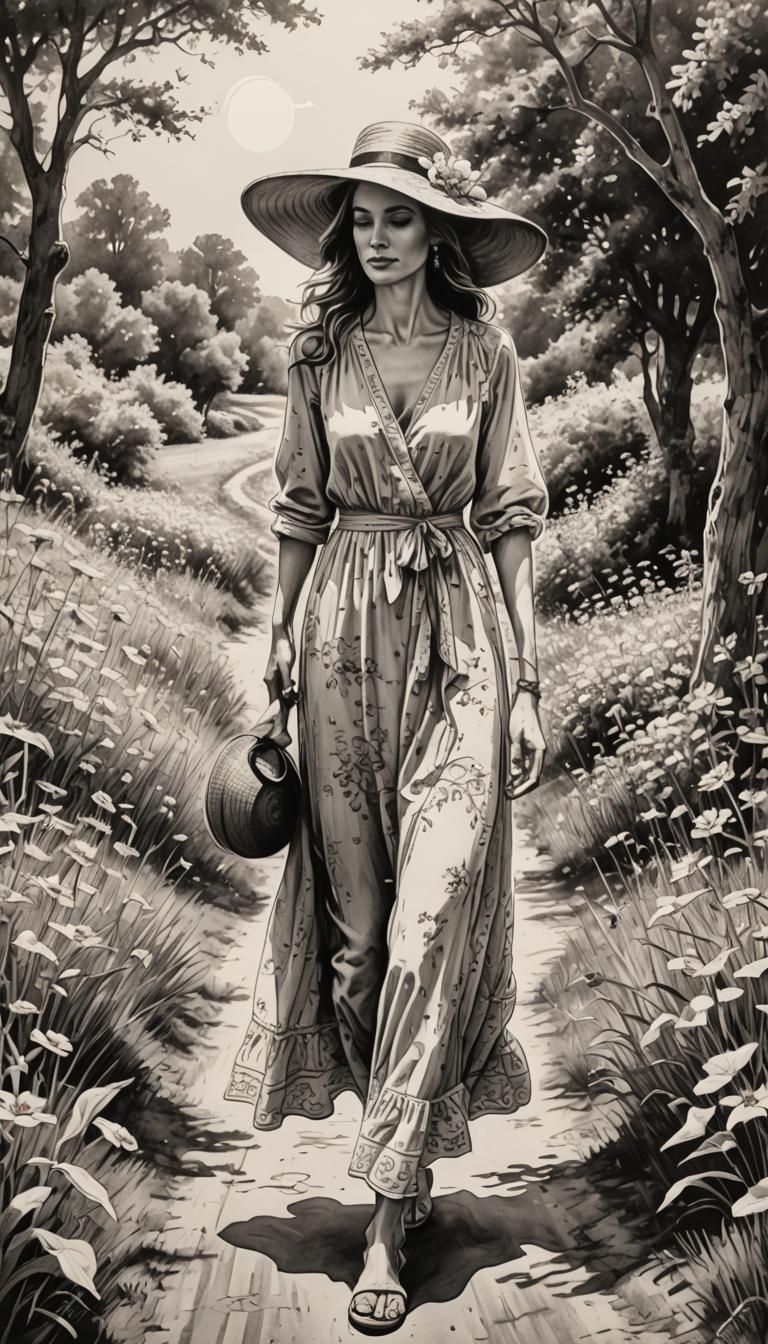 Elegant Woman in Sun Dress: Hyperdetailed Ink Drawing