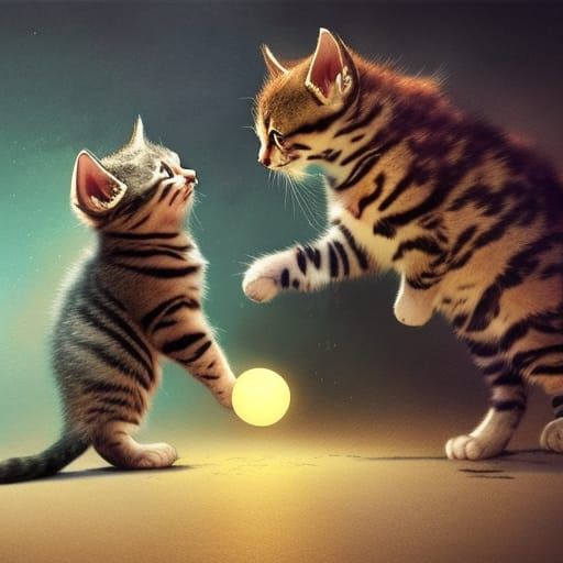 Kittens Play Fighting with Yarnball in Watercolor Style