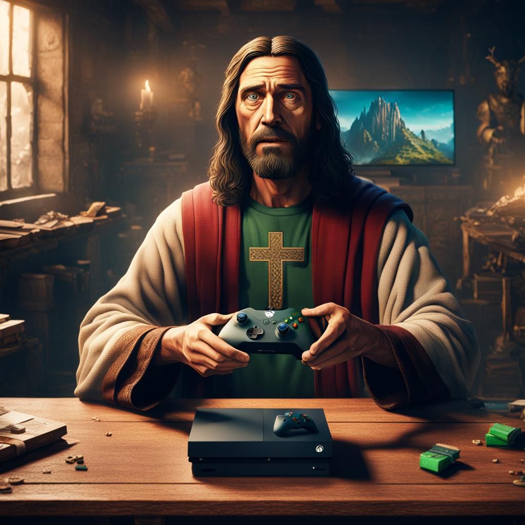 Confused Jesus Plays Xbox: Detailed Matte Painting