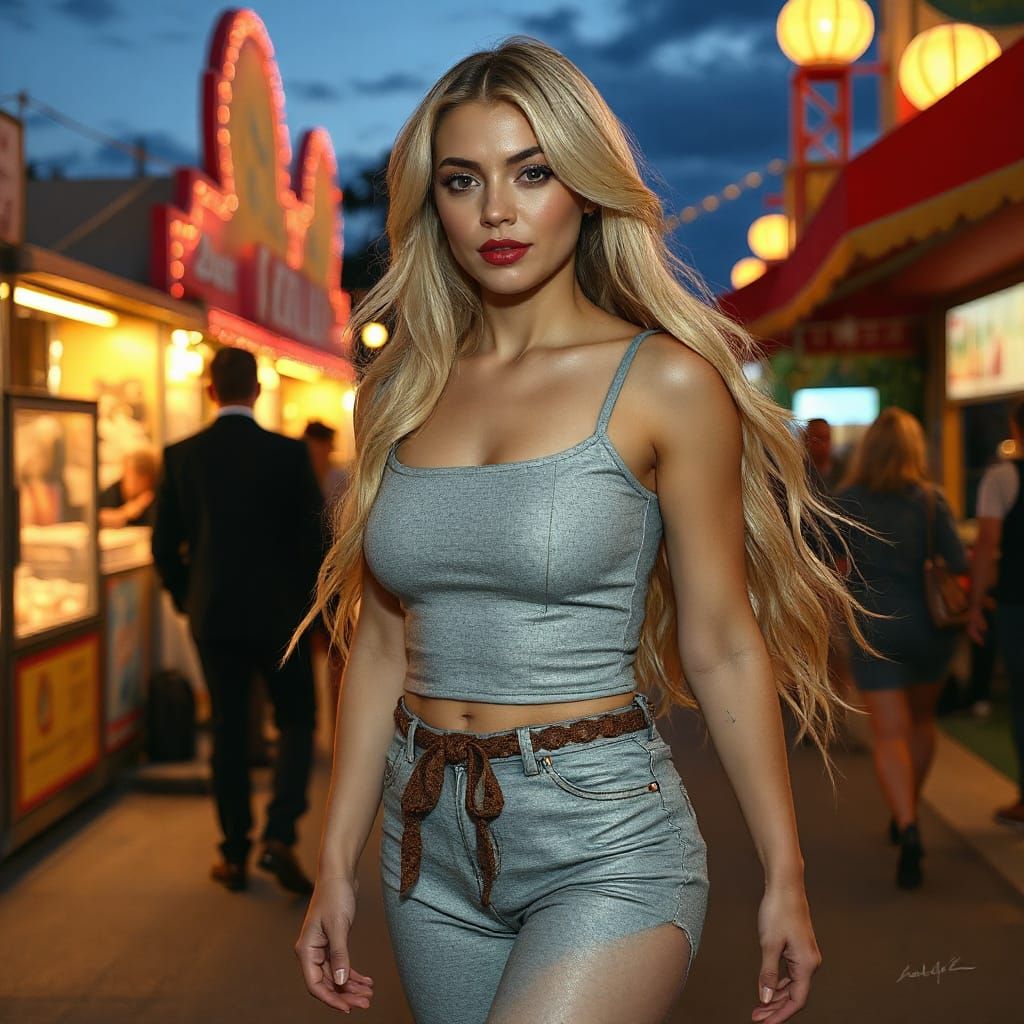 Hyperrealistic Woman at Evening Fair in Voluptuous Style