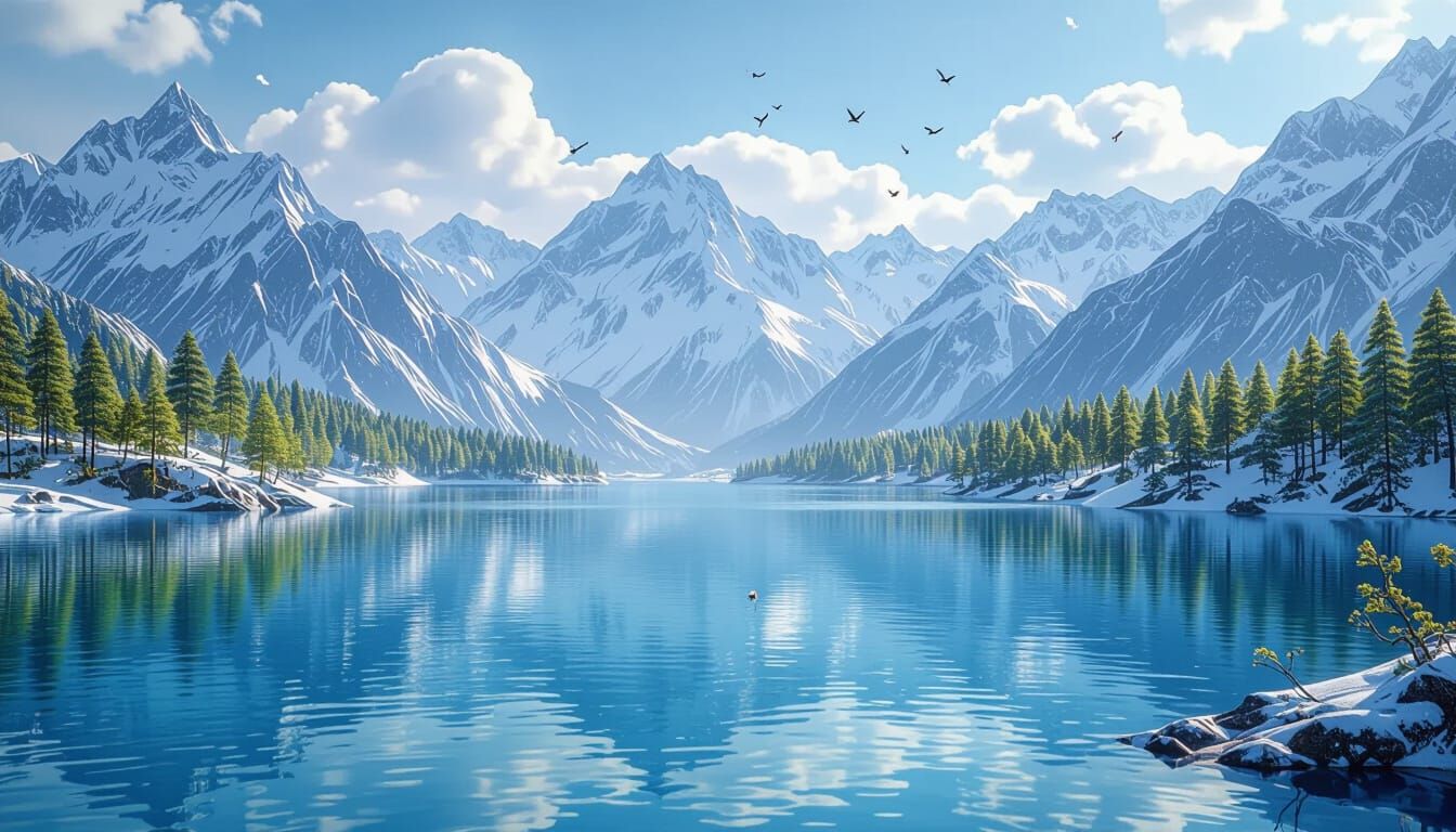 Pakistan Lake Reflects Mountains: Anime-Inspired 3D Art