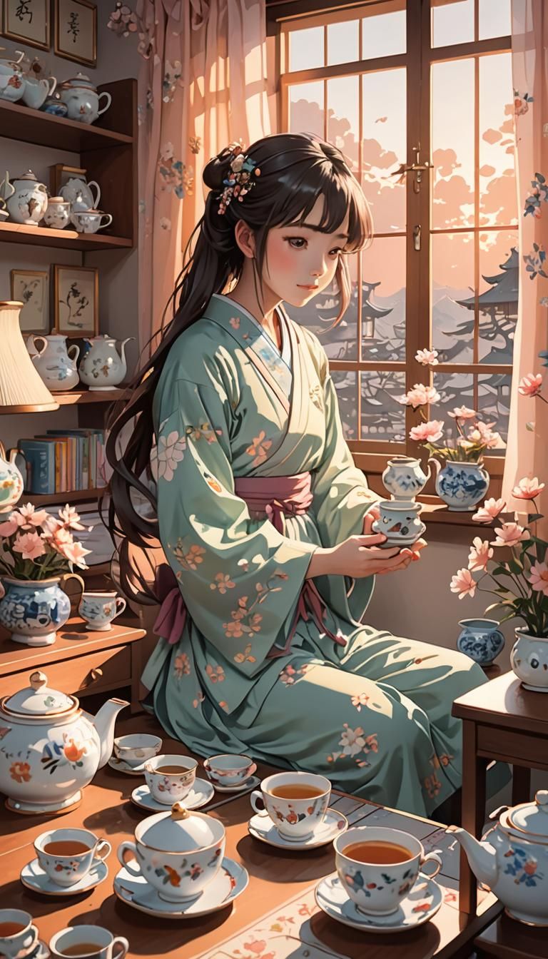 Anime Girl Surrounded by Teacups in Bedroom
