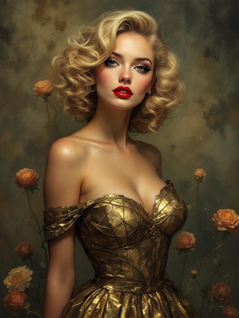 1950s Pin-Up in Art Nouveau Style with Gold Dress