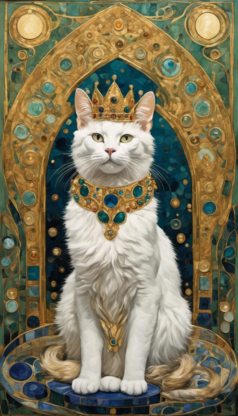 <lora:Klimt Craft:1.0> A regal, majestic cat sitting on a go...