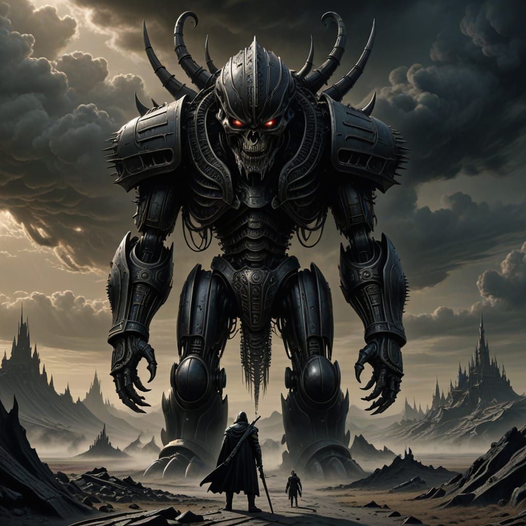 Warrior Facing Colossal Biomechanical Train in Dark Fantasy ...
