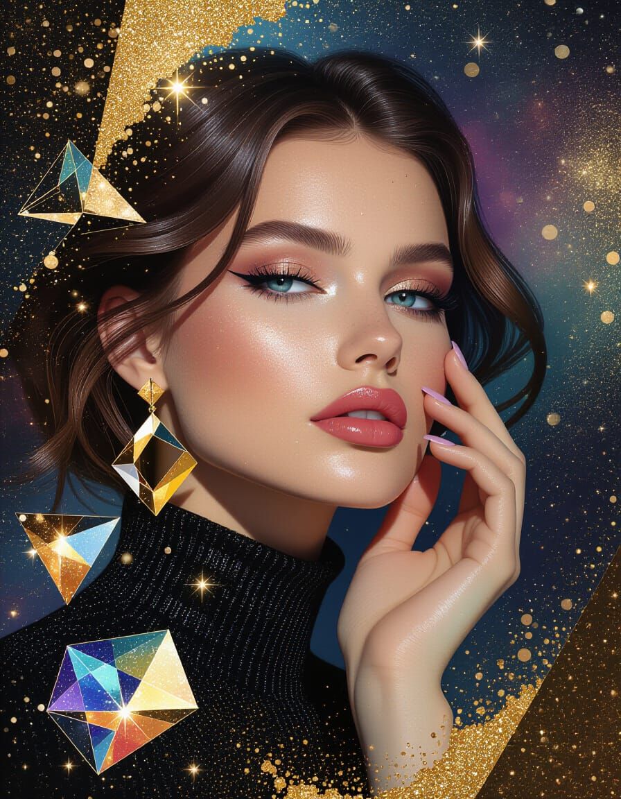 Woman in Chromatic Fluids with Geometric Jewelry