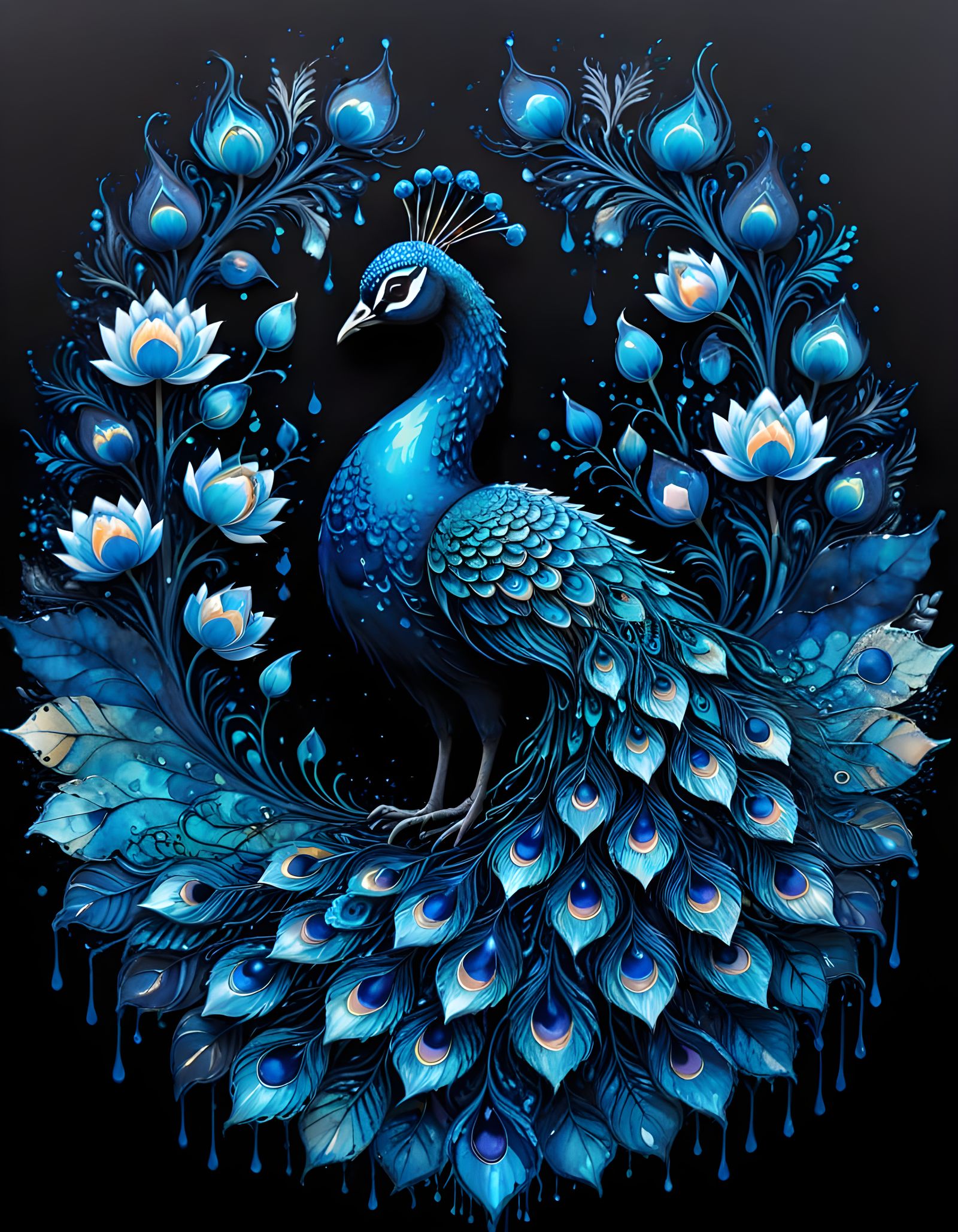 Blue Peacock Silhouette in Alcohol Ink Painting