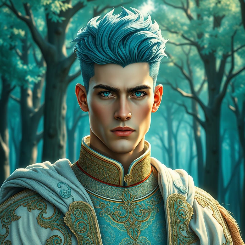 Regal Figure in Turquoise Attire Amidst a Vibrant Forest