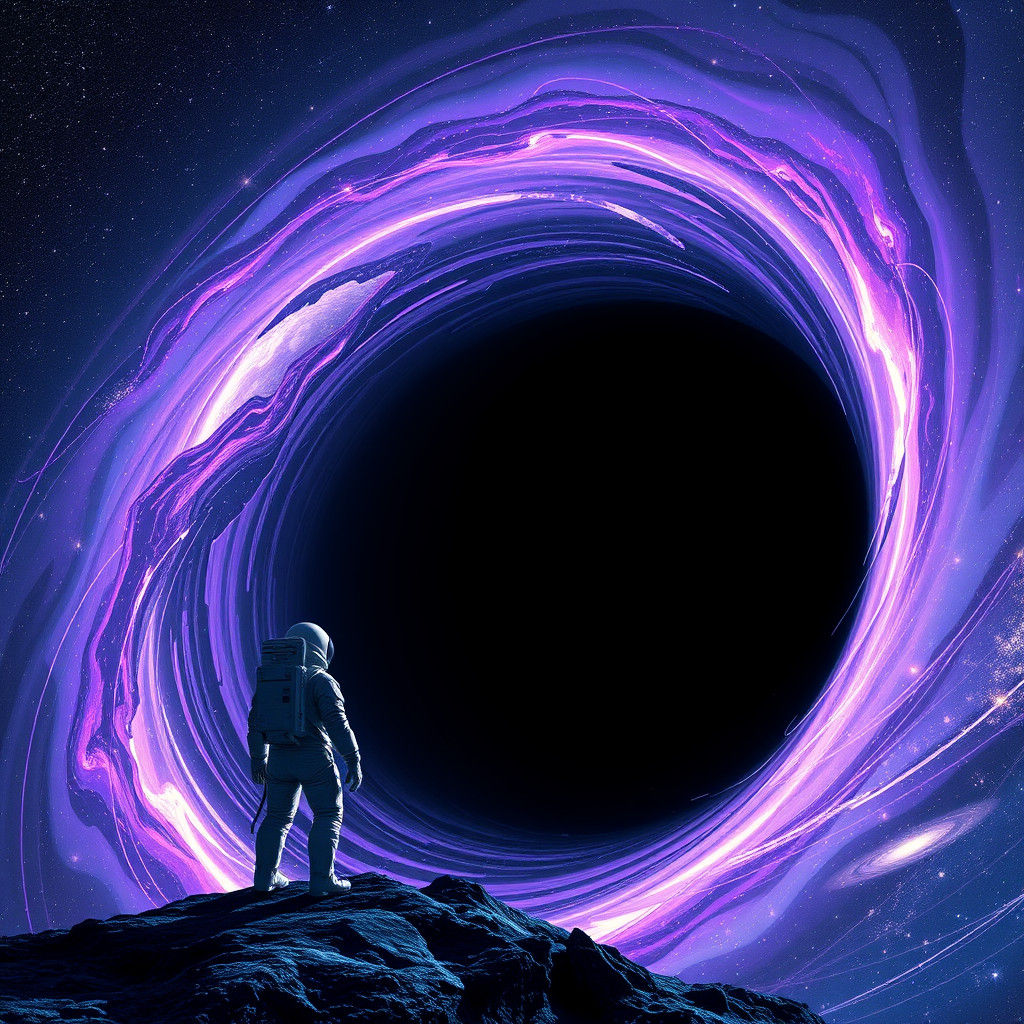 Astronaut Gazing at Iridescent Black Hole