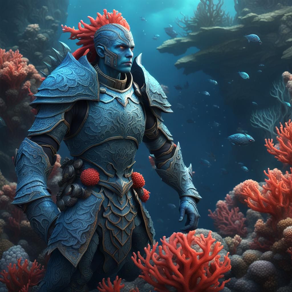 Dark Fantasy Sea Humanoid Fighter in Coral Armor