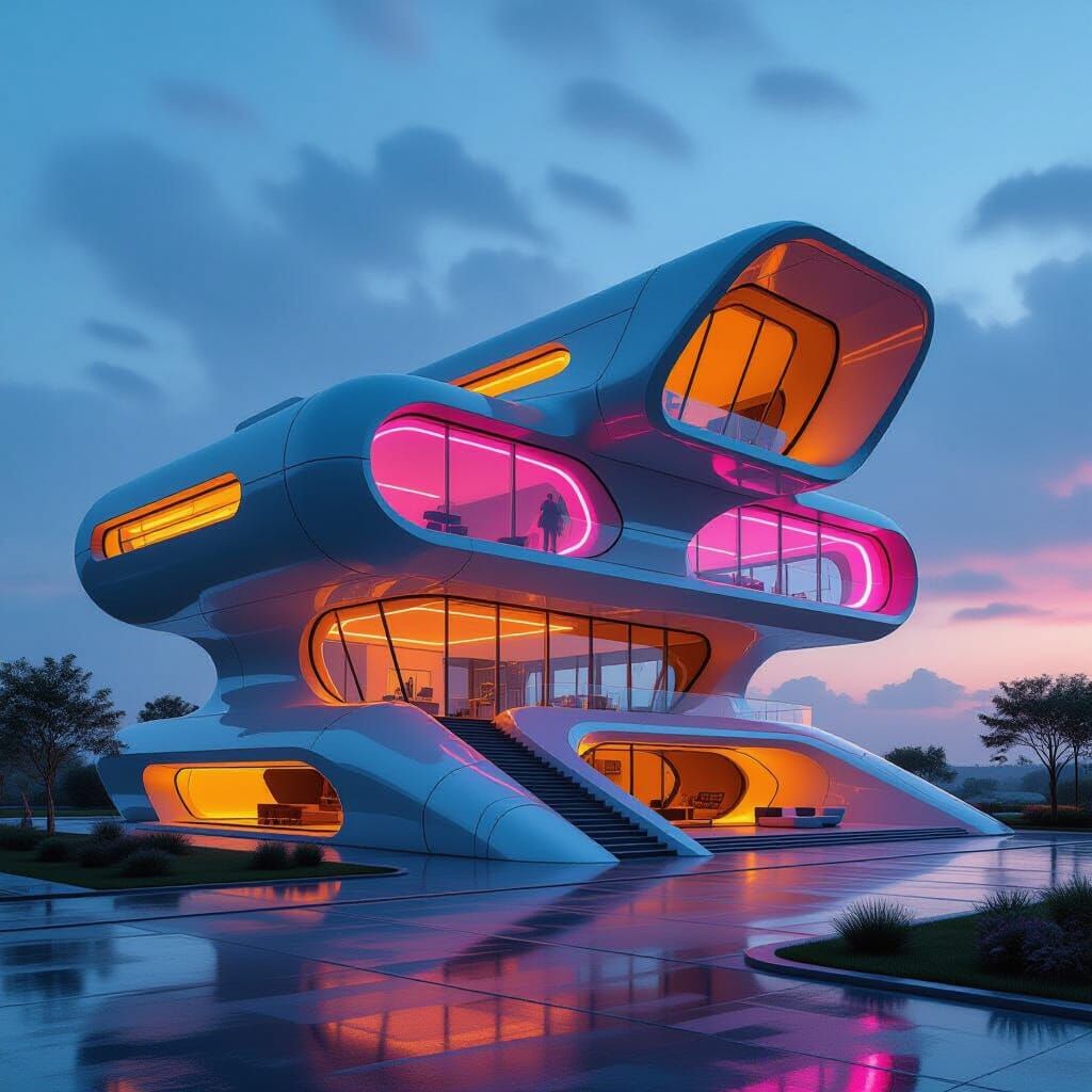 Futuristic House with Neon Lights in Cyberpunk Style