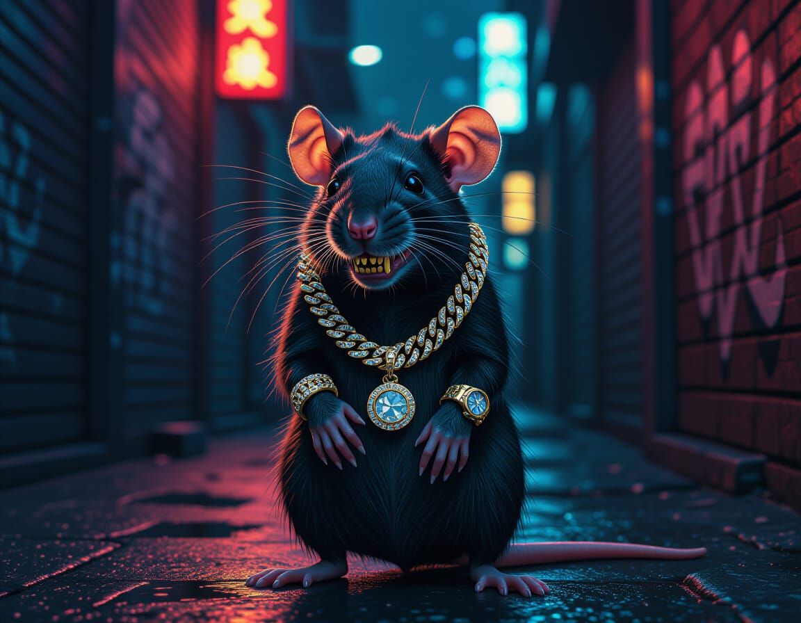 Rat with Grillz in Gritty Cityscape