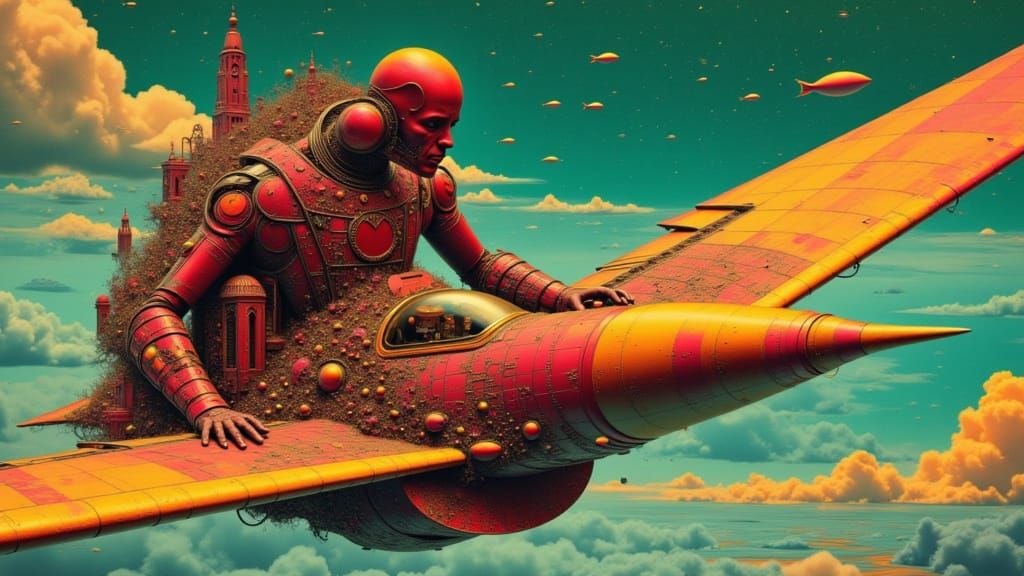 Psychedelic Robot Pilot in Sci-Fi Plane