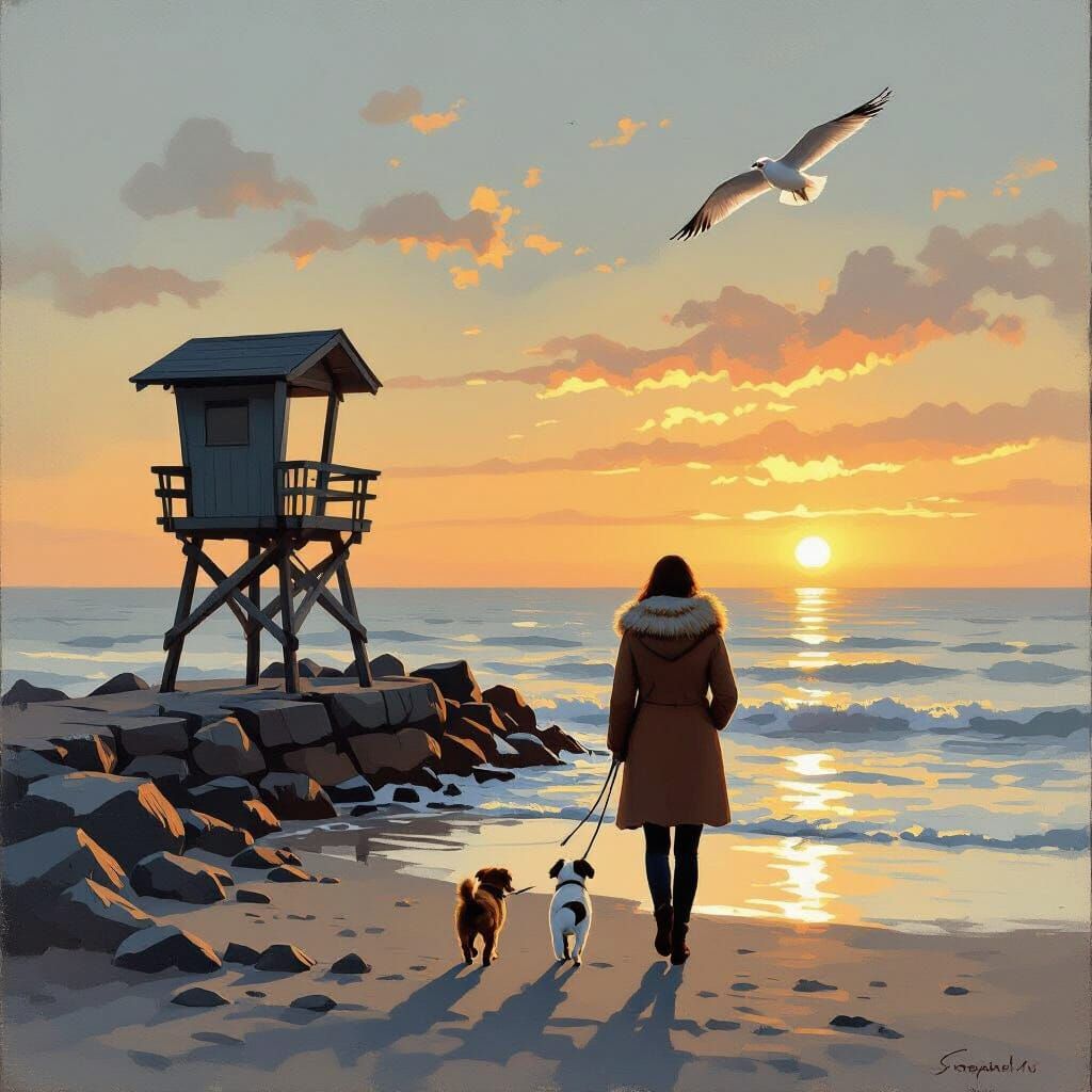 Sunrise Beach Walk with Dog in Wyeth Style