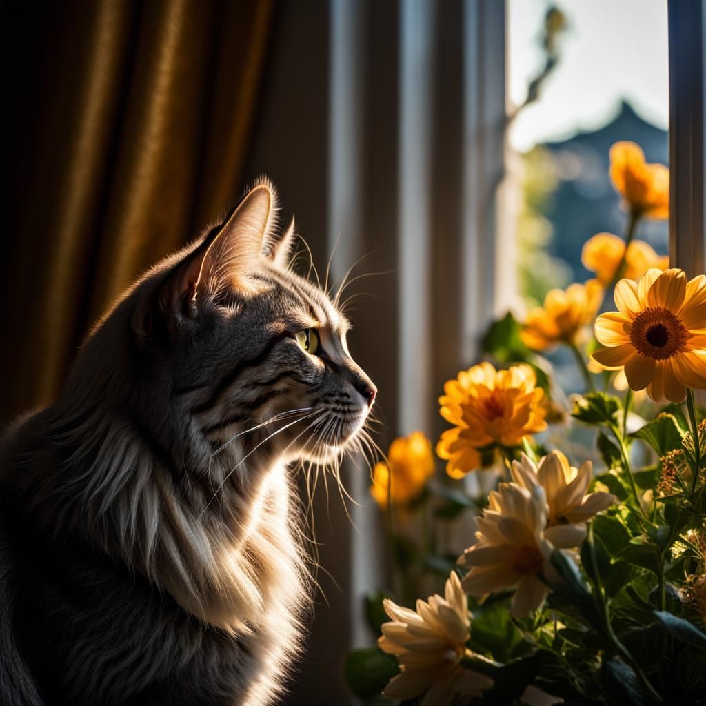 Tabby Cat Gazing at Blooming Flowers in Sunlight