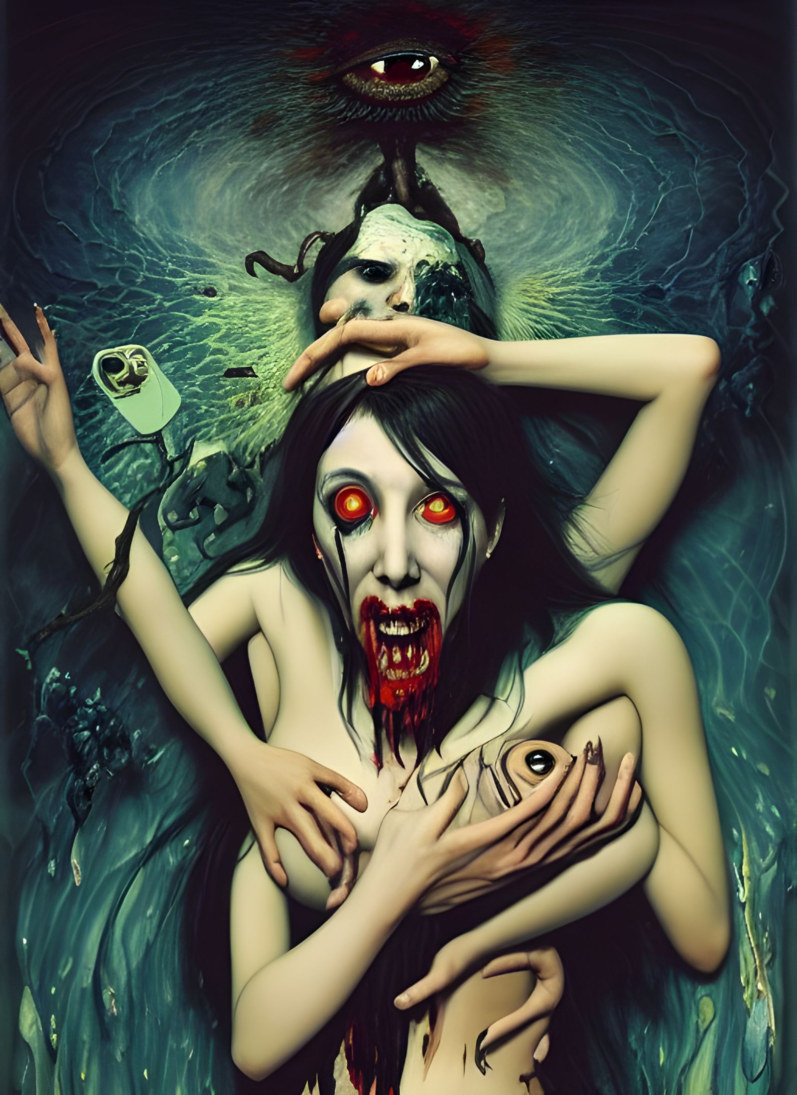 Horror Portrait: Ecstatic Murderous Woman in Biopunk Style