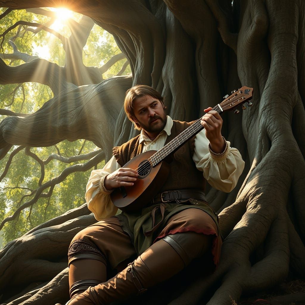 Medieval Bard Plays Lute Under Ancient Tree in a Cinematic F...