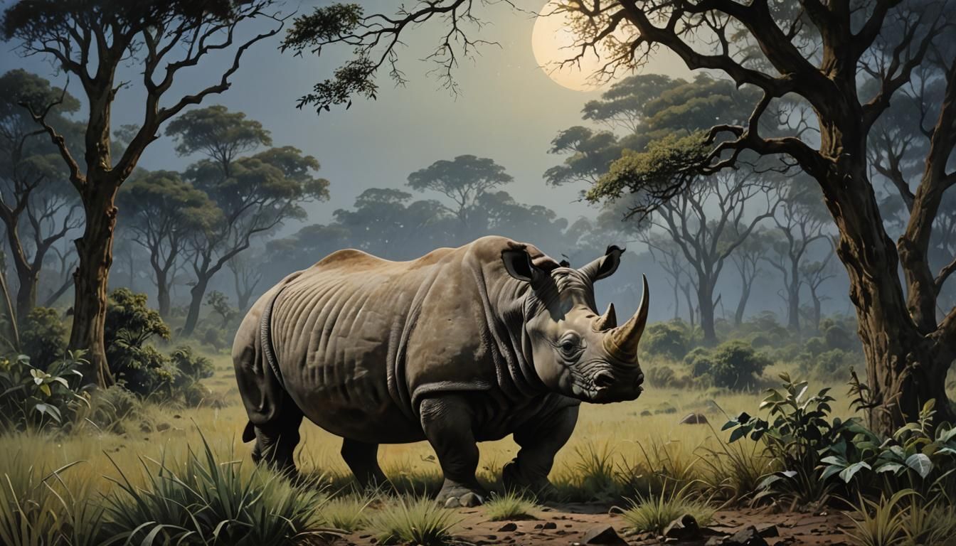 Epic Javan Rhino in Moonlit Landscape