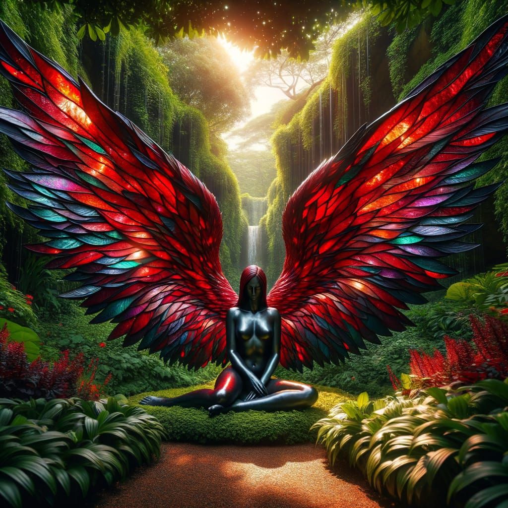 Visually Stunning Red and Black Angel in Garden