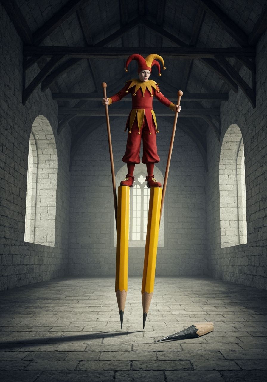 Surreal Jester on Pencil Stilts in Castle Hall