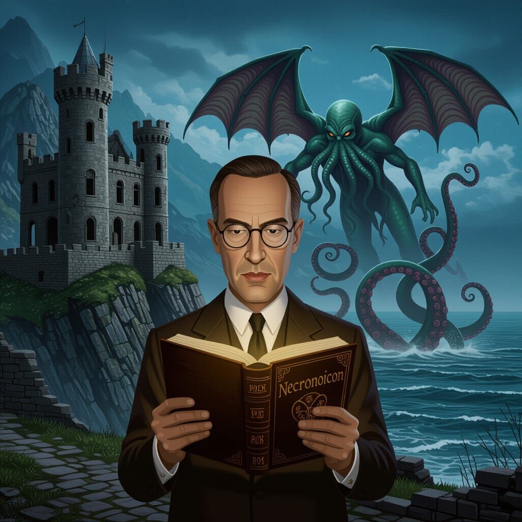 H.P. Lovecraft Caricature Reading Necronomicon Before Cthulh...